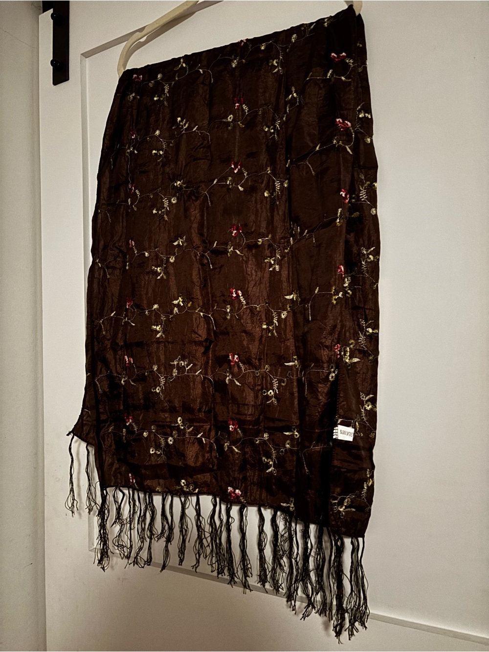Silk brown Embroidered Fringe Scarf - Women Accessories (Large)
